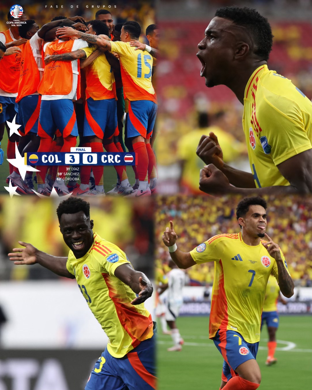 Colombia goleó 3-0 a Costa Rica y jugará los Cuartos de Final de la Copa América 2024